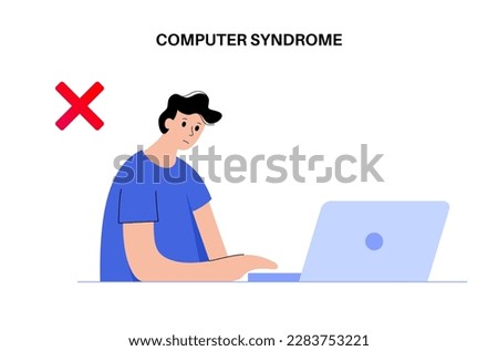 Tech neck or cervical kyphosis posture. Incorrect position for sitting at the computer. Neck spasm, pain in spine, stiffness and tightness in shoulders. Cause of hump in male body vector illustration