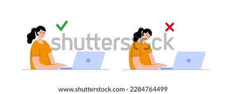 Tech neck or cervical kyphosis posture. Incorrect position for sitting at the computer. Neck spasm, pain in spine, stiffness and tightness in shoulders. Cause of hump in male body vector illustration