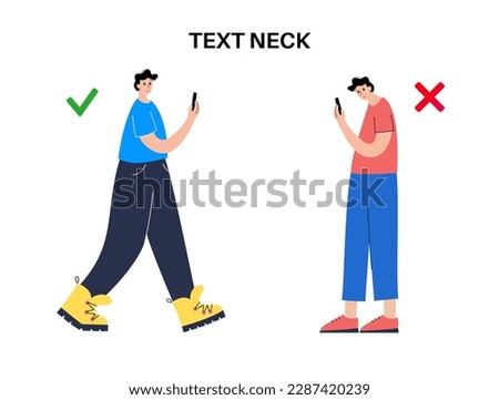 Tech neck or cervical kyphosis posture. Incorrect position for using a smartphone. Neck spasm, pain in spine, stiffness and tightness in shoulders. Cause of hump in male body flat vector illustration.