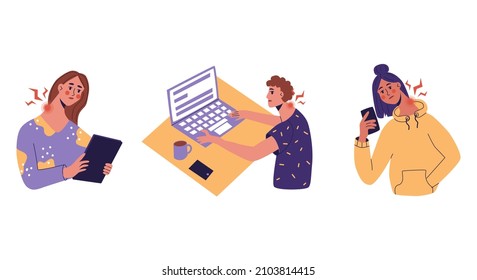 Tech neck, computer or office syndrome. Young people feeling pain on neck becouse of wrong ergonomic working for long time or looked at phone. Flat vector illustration. isolated on a white background.