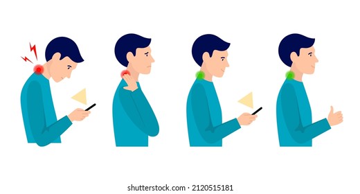 Tech neck, computer syndrome. Young man with neck pain. Incorrect and correct posture when using a smartphone. Flat vector illustration isolated on white background