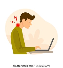 Tech neck, computer syndrome. A young man feels pain in his neck because he has an incorrect posture and head position when using a computer. Flat vector illustration isolated on white background