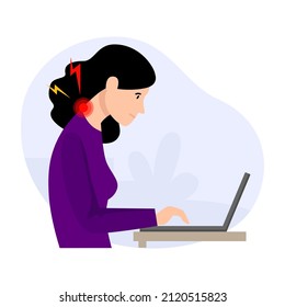 Tech neck, computer syndrome. A young woman feels pain in her neck because she has an incorrect posture and head position when using a computer. Flat vector illustration isolated on white background