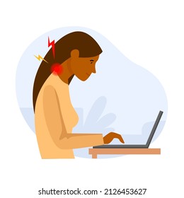 Tech neck, computer syndrome. A young black woman feels pain in her neck because she has an incorrect posture and head position when using a computer. Flat vector illustration 