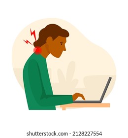 Tech neck, computer syndrome. A young black man feels pain in her neck because she has an incorrect posture and head position when using a computer. Flat vector illustration 