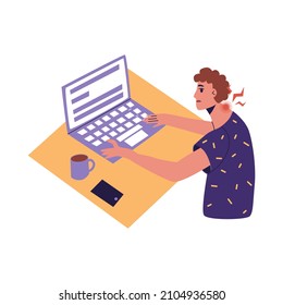 Síndrome del cuello o de la oficina. Los hombres jóvenes que sienten dolor en el cuello por trabajar ergonómicamente mal o jugar durante mucho tiempo en la laptop. Ilustración vectorial plana. aislado en un fondo blanco.