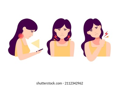 Tech neck or office syndrome. Young woman with pain on neck becouse of wrong ergonomic and long time looked at phone. Different positions and tilts of the head. Flat vector illustration 