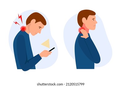 Tech neck. Sad young man feeling pain on neck becouse of wrong ergonomic for long time looked at phone. Flat vector illustration, isolated on a white background