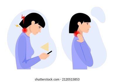 Tech neck. Sad young woman feeling pain on neck becouse of wrong ergonomic for long time looked at phone. Flat vector illustration, isolated on a white background