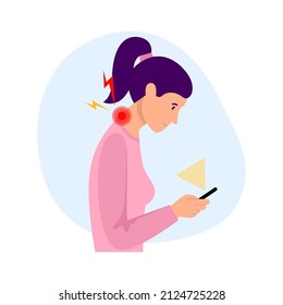 Tech neck. A young woman feels pain in her neck because she uses the phone for a long time and too often. Incorrect head position when using gadgets. Flat vector illustration on white background