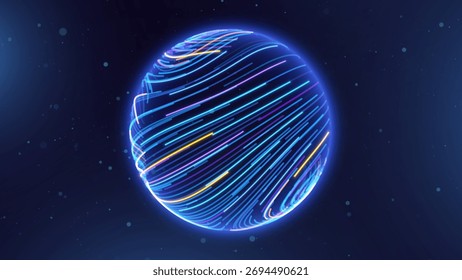 Orbe de energía de líneas de neón de tecnología. Globo De Ciencia De Esfera 3D Con Líneas Brillantes Abstractas Que Representan Microbiología, Investigación Celular O Nanotecnología Sobre Fondo Azul Oscuro. Ilustración vectorial.