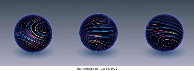 Orbe de energía de líneas de neón de tecnología. Globo De Ciencia De Esfera 3D Con Líneas Brillantes Abstractas Que Representan Microbiología, Investigación Celular O Nanotecnología Sobre Fondo Azul Oscuro. Ilustración vectorial.