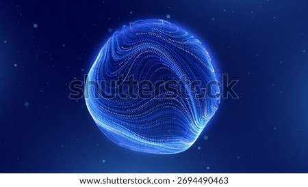 Tech Neon Lines Energy Orb. 3D Sphere Science Globe With Abstract Glowing Lines Representing Microbiology, Cell Research, or Nanotechnology On Dark Blue Background. Vector Illustration.