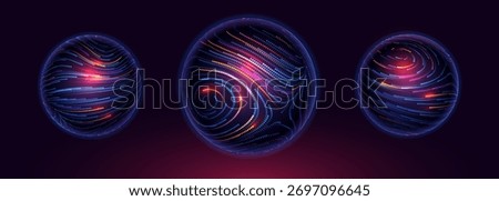 Tech Neon Lines Energy Orb. 3D Sphere Science Globe With Abstract Glowing Lines Representing Microbiology, Cell Research, or Nanotechnology On Dark Blue Background. Vector Illustration.