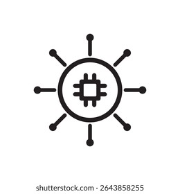 Tech network brain node icon. Central microchip with connected nodes, futuristic AI icon.