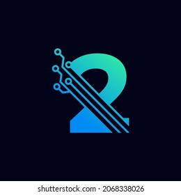 Logo del Tech Número 2. Plantilla de logotipo vectorial futurista con color gradiente verde y azul. Forma geométrica. Usable para Logos de Negocios y Tecnología.