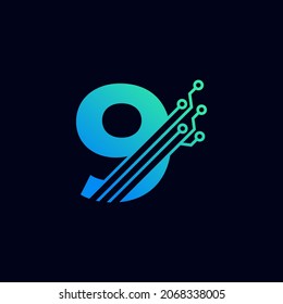 Tech Number 9 Logo. Futuristic Vector Logo Template with Green and Blue Gradient Color. Geometric Shape. Usable for Business and Technology Logos.