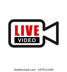 tech online video sign icon. Video camera with the text. Illustration of a camcorder sign in flat minimalism style.