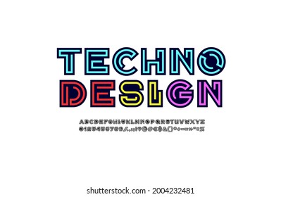 Tech original alphabet, modern font, futuristic letters and numbers, vector illustration 10EPS