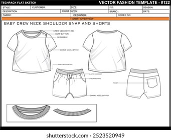 TECH PACK BABY CREW NECK SHOULDER SNAP SHORTS FASHION EASY EDITABLE TECHNICAL FLAT SKETCH ILLUSTRATION DESIGN.