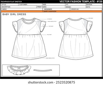 TECH PACK BABY GIRL DRESS FASHION EASY EDITABLE TECHNICAL FLAT SKETCH ILLUSTRATION DESIGN