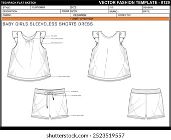 TECH PACK BABY GIRLS SLEEVELESS SHORTS DRESS FASHION EASY EDITABLE TECHNICAL FLAT SKETCH ILLUSTRATION DESIGN