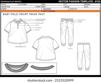 TECH PACK BABY POLO TSHIRT TRACK PANT FASHION EASY EDITABLE TECHNICAL FLAT SKETCH ILLUSTRATION DESIGN