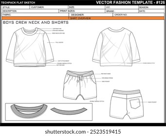 TECH PACK BOYS CREW NECK AND SHORTS FASHION EASY EDITABLE TECHNICAL FLAT SKETCH ILLUSTRATION DESIGN