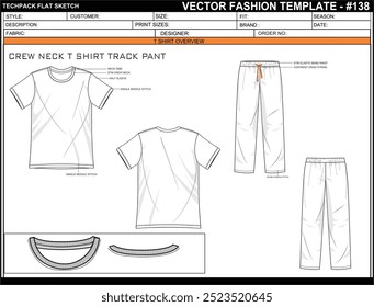 TECH PACK CREW NECK T SHIRT TRACK PANT FASHION EASY EDITABLE TECHNICAL FLAT SKETCH ILLUSTRATION DESIGN