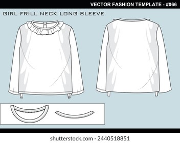  TECH PACK GIRL FRILL NECK LONG SLEEVE FASHION EASY EDITABLE TECHNICAL FLAT SKETCH ILLUSTRATION DESIGN