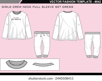 TECH PACK GIRLS CREW NECK FULL SLEEVE SET DRESS FASHION EASY EDITABLE TECHNICAL FLAT SKETCH ILLUSTRATION DESIGN