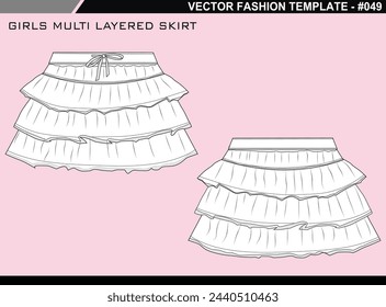 TECH PACK GIRLS MULTI LAYERED SKIRT FASHION EASY EDITABLE TECHNICAL FLAT SKETCH ILLUSTRATION DESIGN