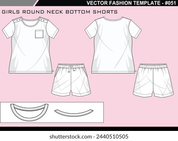  TECH PACK GIRLS ROUND NECK BOTTOM SHORTS FASHION EASY EDITABLE TECHNICAL FLAT SKETCH ILLUSTRATION DESIGN