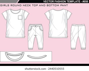 TECH PACK GIRLS ROUND NECK TOP AND BOTTOM PANT FASHION EASY EDITABLE TECHNICAL FLAT SKETCH ILLUSTRATION DESIGN