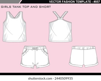 TECH PACK GIRLS SPORTS TANK TOP AND SHORTS DRESS FASHION EASY EDITABLE TECHNICAL FLAT SKETCH ILLUSTRATION DESIGN