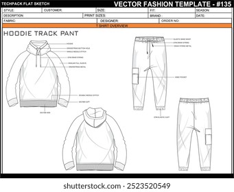 TECH PACK HOODIE BOTTOM TRACK PANT FASHION EASY EDITABLE TECHNICAL FLAT SKETCH ILLUSTRATION DESIGN