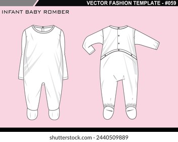 TECH PACK INFANT BABY BODYSUIT ROMBER FASHION EASY EDITABLE TECHNICAL FLAT SKETCH ILLUSTRATION DESIGN