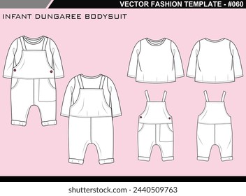 TECH PACK INFANT BOYS CREW NECK DUNGAREE TOP AND BOTTOM SET FASHION EASY EDITABLE TECHNICAL FLAT SKETCH ILLUSTRATION DESIGN