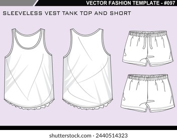 TECH PACK SLEEVELESS VEST TANK TOP AND SHORT FASHION EASY EDITABLE TECHNICAL FLAT SKETCH ILLUSTRATION DESIGN