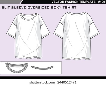 TECH PACK SLIT SLEEVE CAMISETA DE CUERPO SOBREDIMENSIONADA MODA DISEÑO DE ILUSTRACIÓN DE BOCETO PLANO TÉCNICO EDITABLE FÁCIL