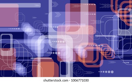 Tech Pattern. Colorful Horizontal Technology Background with Frames, Squares, Dots, Arrows and Lines. Modern Abstract Texture for Web, Applications, Wallpaper. Futuristic Digital Texture. Vector.