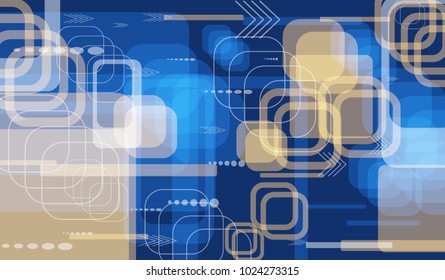 Tech Pattern. Colorful Horizontal Technology Background with Frames, Squares, Dots, Arrows and Lines. Modern Abstract Texture for Web, Wallpaper, Applications. Retro Digital Texture. Vector.