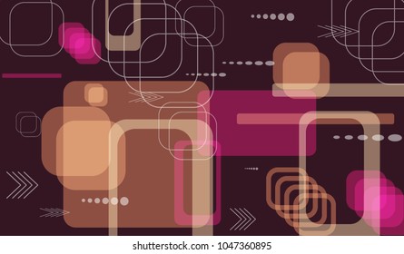 Tech Pattern. Colorful Horizontal Technology Background with Frames, Squares, Dots, Arrows and Lines. Modern Abstract Texture for Web, Wallpaper, Applications. Retro Digital Texture. Vector.