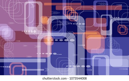 Tech Pattern. Colorful Horizontal Technology Background with Frames, Squares, Dots, Arrows and Lines. Modern Abstract Texture for Wallpaper, Applications, Web. Futuristic Digital Texture. Vector.