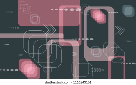 Tech Pattern. Colorful Horizontal Technology Background with Frames, Squares, Dots, Arrows and Lines. Modern Abstract Texture for Wallpaper, Web, Applications. Vintage Digital Texture. Vector.