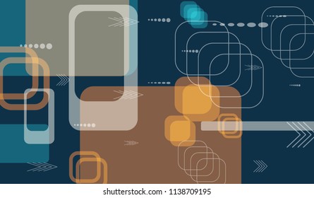 Tech Pattern. Colorful Horizontal Technology Background with Frames, Squares, Dots, Arrows and Lines. Modern Abstract Texture for Web, Wallpaper, Applications. Retro Digital Texture. Vector.