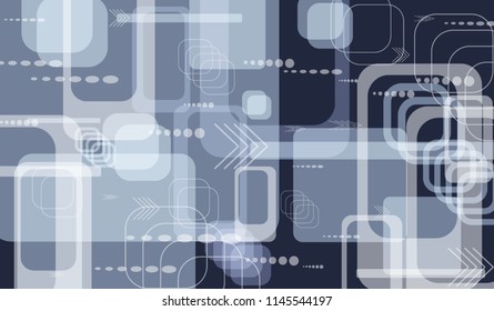 Tech Pattern. Colorful Horizontal Technology Background with Frames, Squares, Dots, Arrows and Lines. Modern Abstract Texture for Wallpaper, Applications, Web. Retro Digital Texture. Vector.