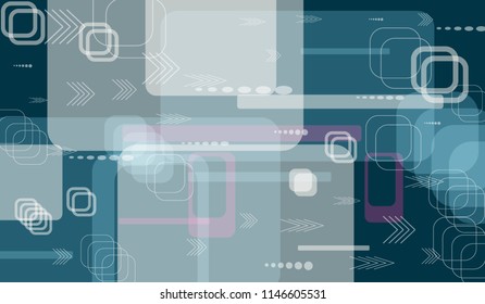 Tech Pattern. Colorful Horizontal Technology Background with Frames, Squares, Dots, Arrows and Lines. Modern Abstract Texture for Wallpaper, Web, Applications. Retro Digital Texture. Vector.