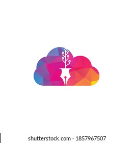 Tech Pen cloud shape concept Logo design. Tech pen with tech tree logo design template.