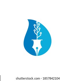 Tech Pen drop shape concept Logo design. Tech pen with tech tree logo design template.